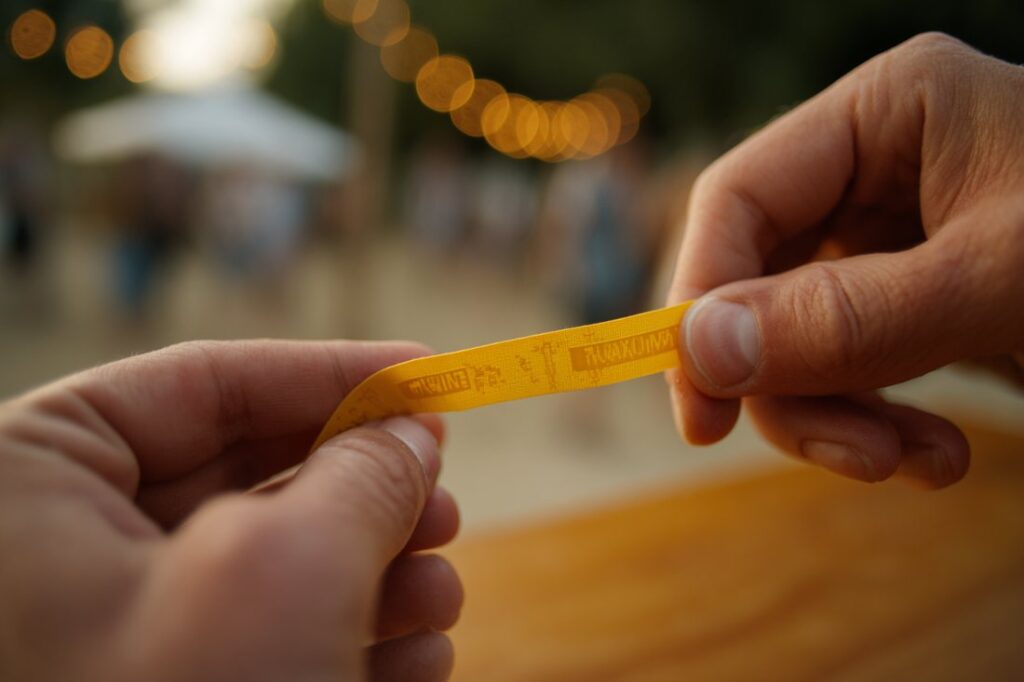 Zwei Hände halten ein gelbes Einlassbändchen, im Hintergrund Festivallichter