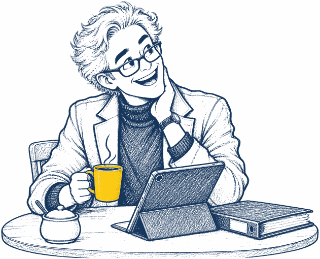 Ein Chormitglied am Küchentisch mit gelber Kaffeetasse liest den Vereinsnewsletter auf dem Tablet.