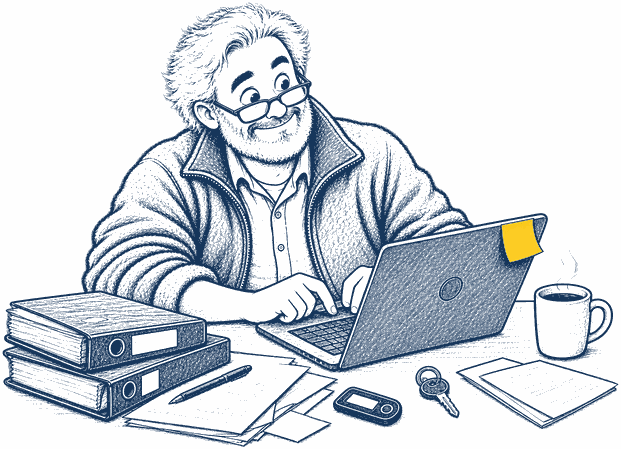 Der Vorgänger sitzt am Küchentisch vor Laptop, Ordnern, Schlüssel und Zwei-Faktor-Gerät und trägt Zugänge ein.