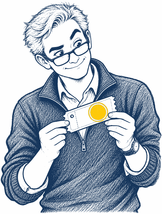 Der Kassenwart prüft eine Rückfahrkarte mit gelbem Stempel, die Brille auf der Nase.